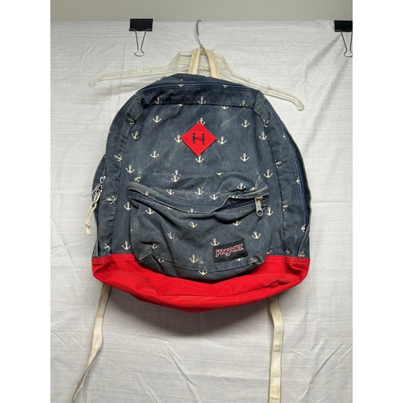 Jansport Other - JanSport Anchor Print Backpack Navy Blue Red Denim Canvas School Bag T64Q